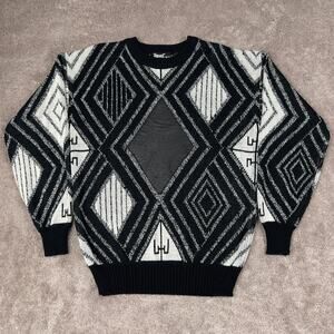 Impact Geometric Diamond Knit Sweater Size M Black White Leather Patch Vtg 90s